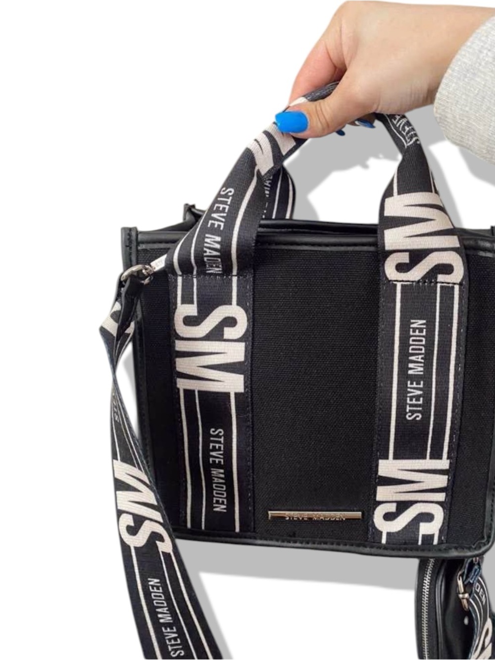 Steve Madden Black Crossbody Tote with SM Logo Straps